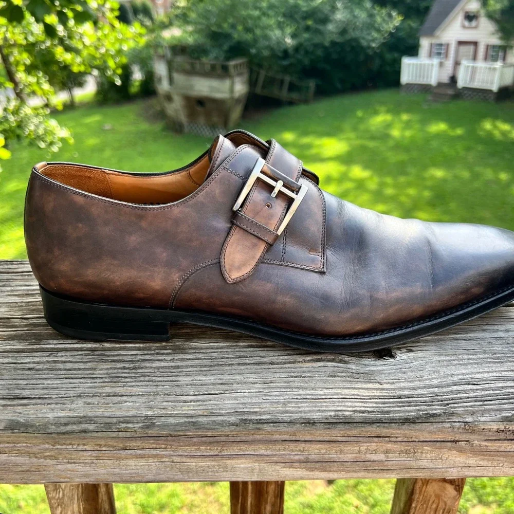 Magnanni Monk Strap Shoes 11 Brown Leather Patina Dress Luxury Dark Academia